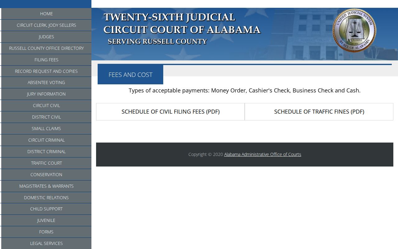 Russell County Circuit Clerk filing fee and payment information