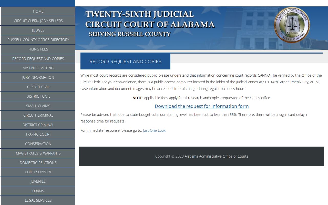 Russell County court records Circuit Clerk request and copies page
