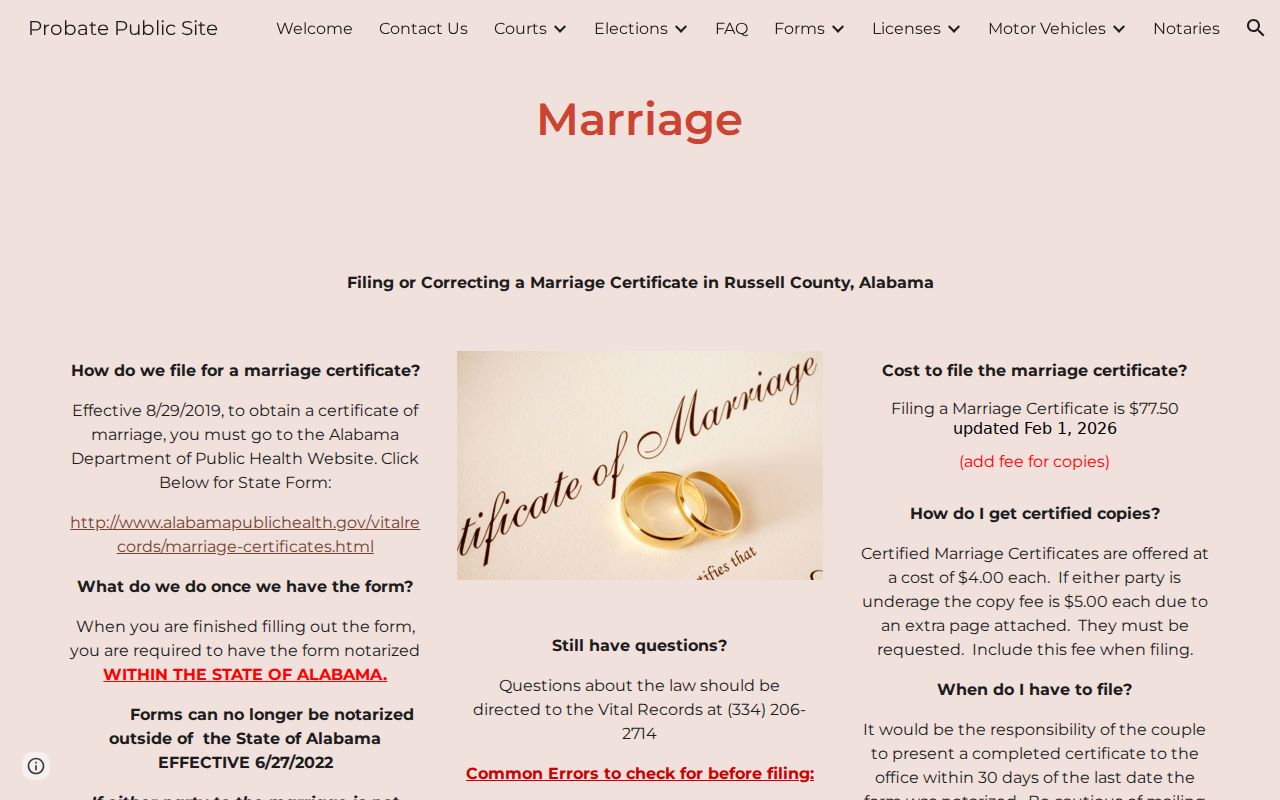 Russell County marriage records Probate certificate instructions