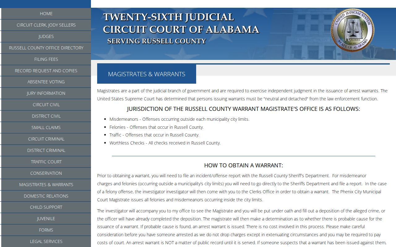 Russell County warrant records magistrate procedure